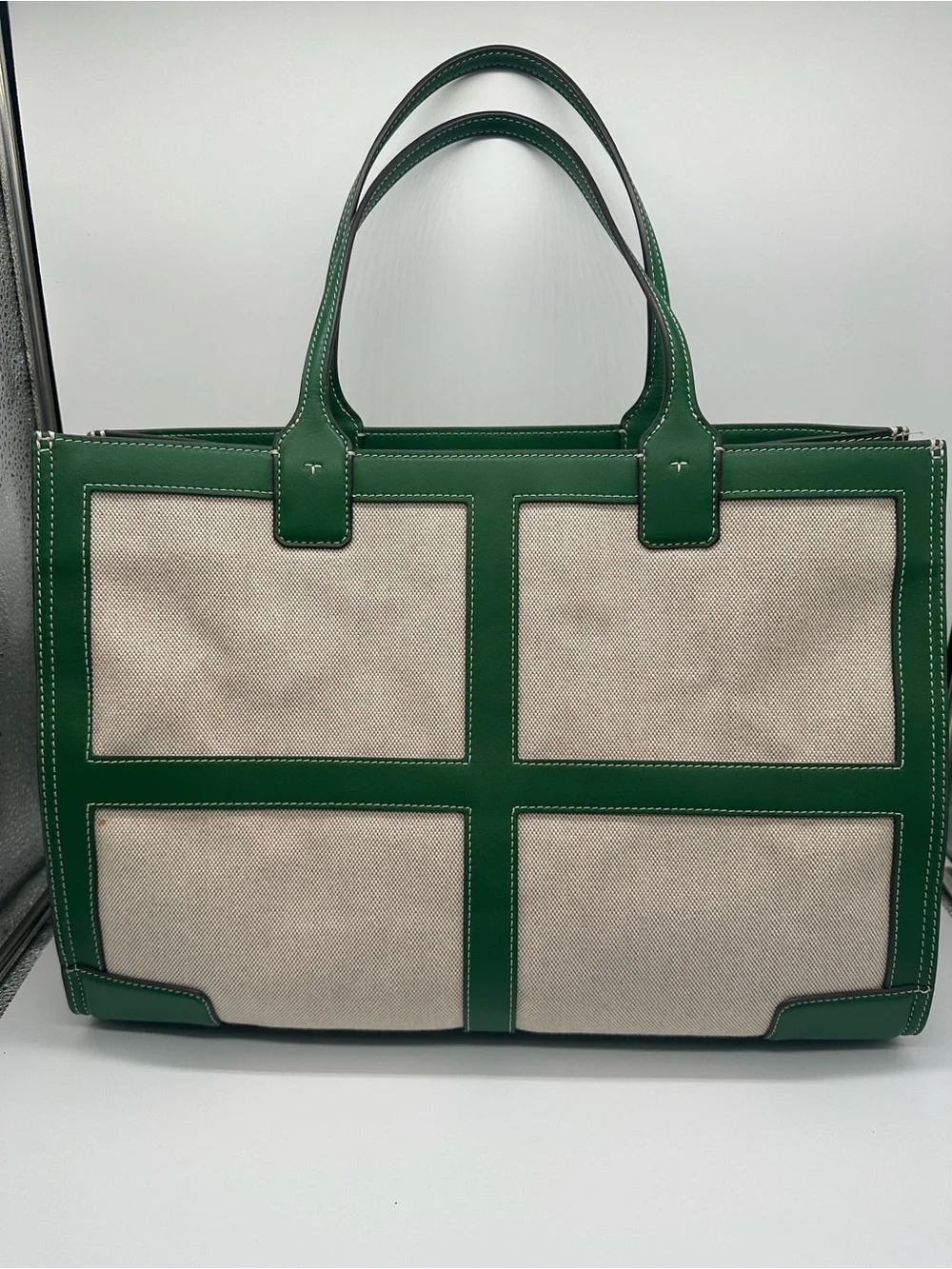 Tory Burch Green Trim Canvas Tote Bag
